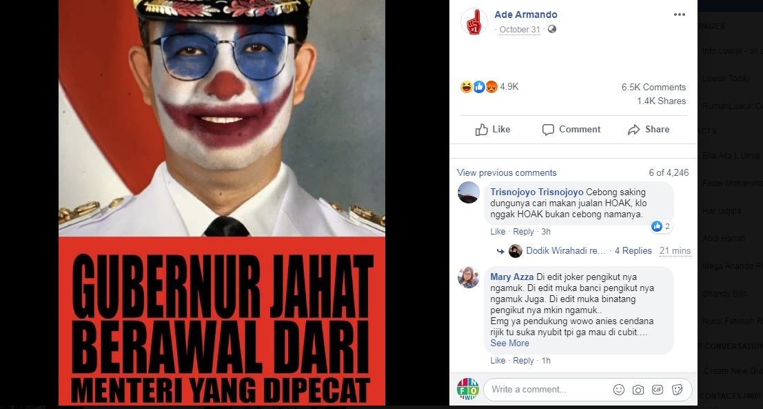 Foto Laman status Facebook Ade Armando menjadi kontroversi karena memuat meme foto editan Anies Baswedan menjadi Joker "GUBERNUR JAHAT BERAWAL DARI MENTERI YANG DIPECAT ".