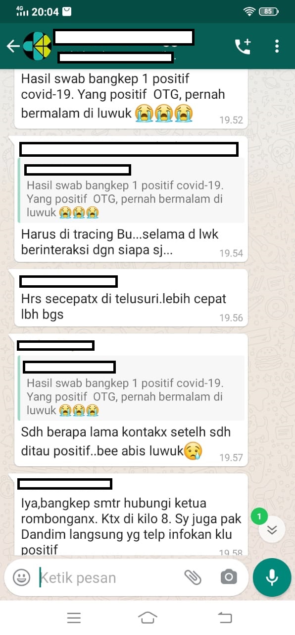 Foto Percakapan di grup WhatsApp yang viral dibagikan antar grup menyebutkan adanya warga positif Corona di Bangkep.